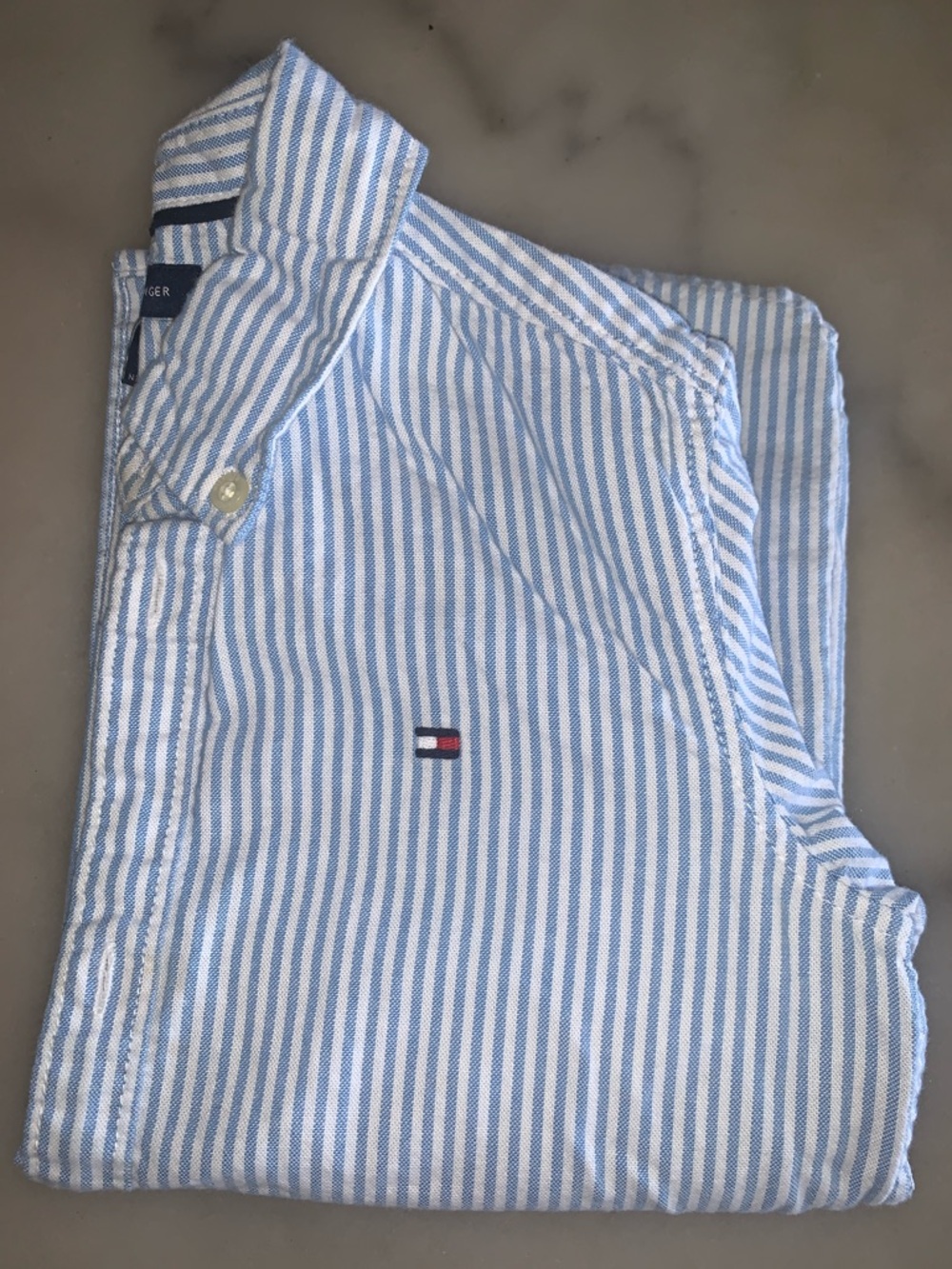 Tommy Hilfiger Light Blue & White Striped Cotton Button-Down Shirt